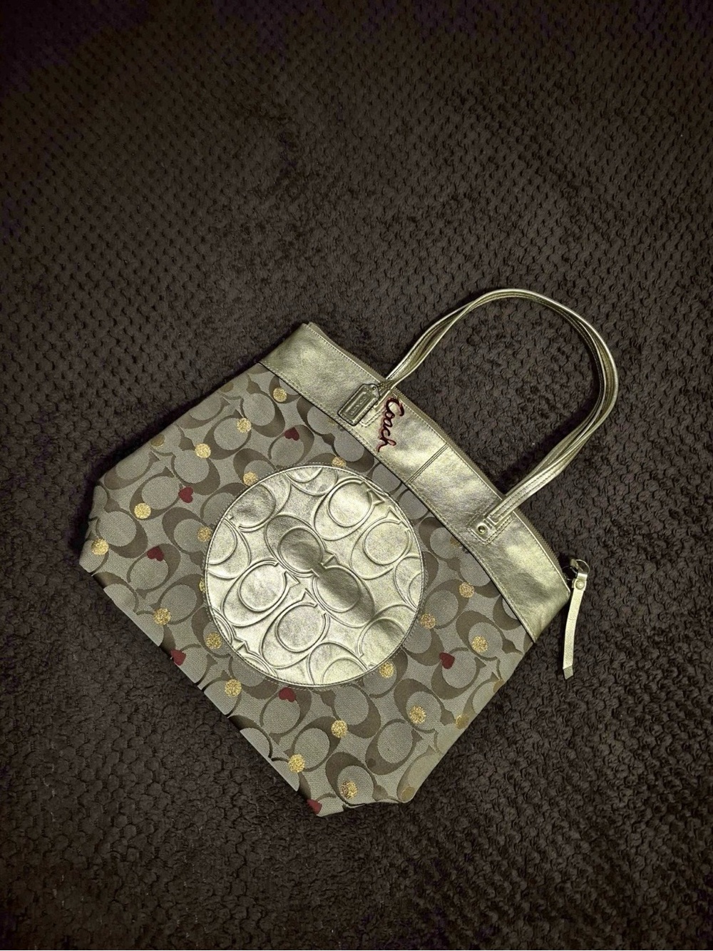 Coach Silver & Gray Signature Circle Tote with Metallic Trim